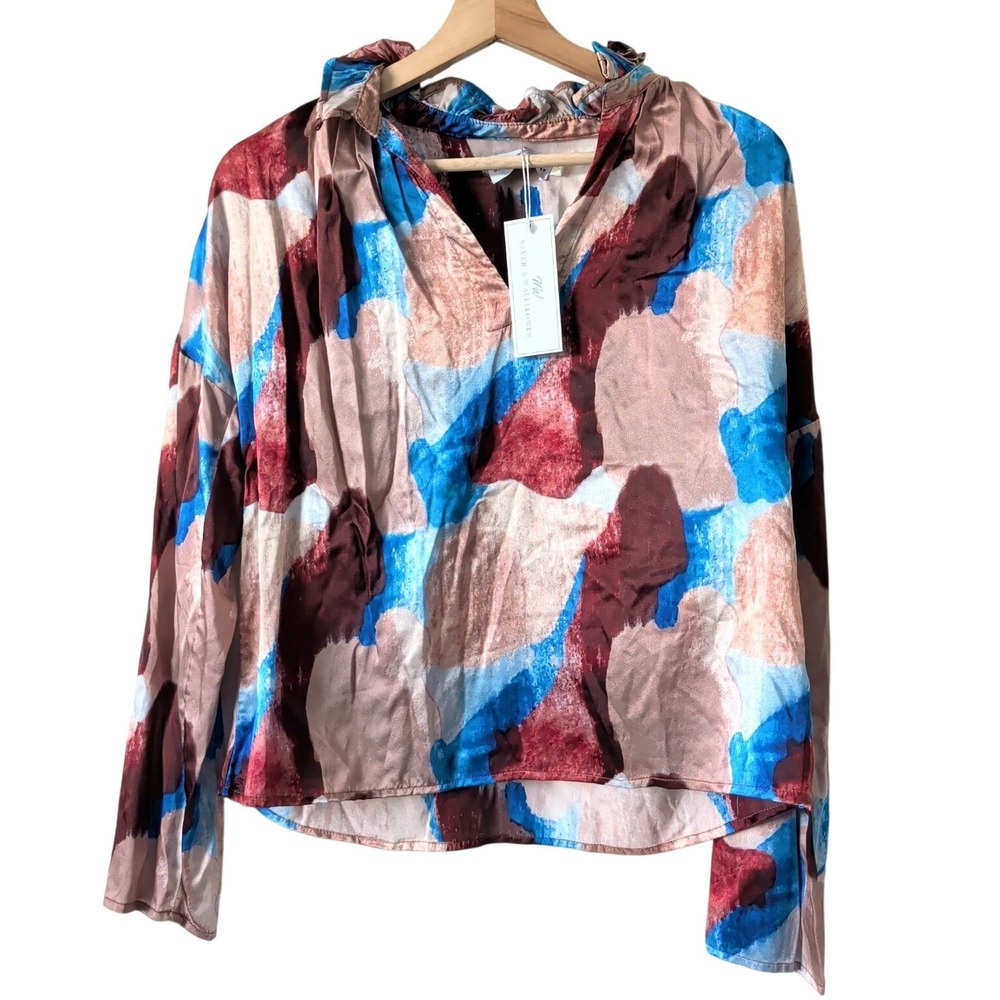 Never A Wallflower Vicki Long Sleeve Urban Abstract Ruffle Neck Top XS NEW $258